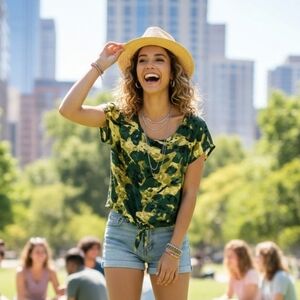 Kensie Women Size Large Yellow Green front tie dye short sleeve Artsy Not Fitted